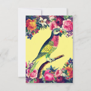 Carte Perroquet Vintage et fleurs illustrées