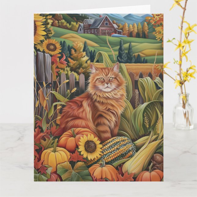 Carte Perse Chat Automne Récolte Thanksgiving (Fleur jaune)