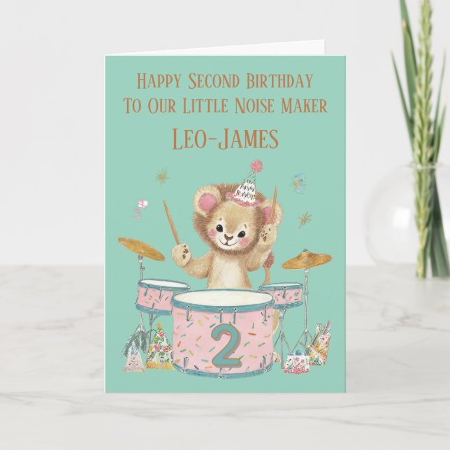 Carte Personalised Lion Playing Drums 2nd Birthday Card (Devant)