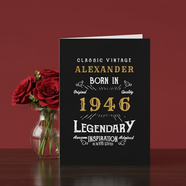 Carte Personalized 80th Birthday Born 1946 Vintage Black (Born in 1946 birthday greeting card. Red and brown background.)
