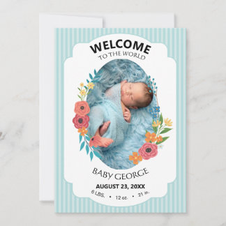 Carte personalized baby blue floral Birth announcements