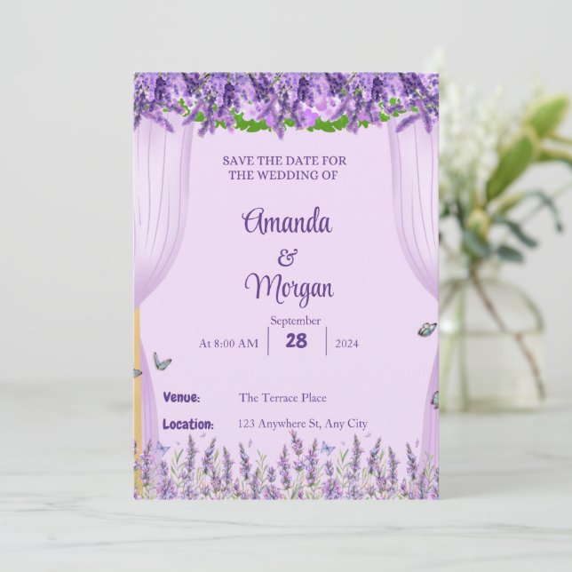 Carte personnalisable de sauvegarde de date Lavend (Debout devant)