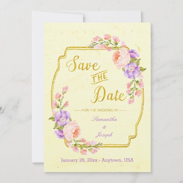 Carte personnalisable Fleurs et Or 'Save the Date' (Devant)