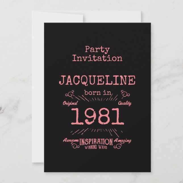 Carte Personnalisé 40e anniversaire 1981 Rose Noir Vinta (Devant)