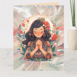 Carte Personnalisé Jeune Fille Priant Floral Orange Salu