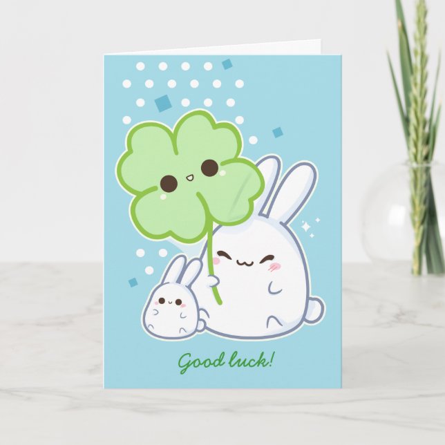 Carte Personnalisé - Joli lapin blanc avec trèfle kawaii (Devant)