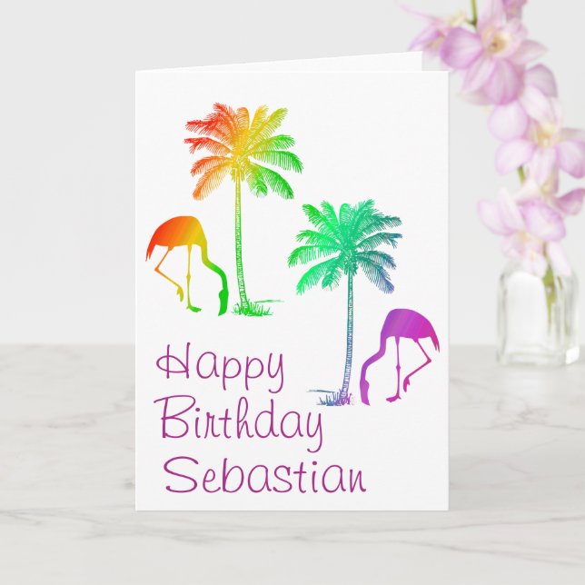Carte Personnalisé Joyeux anniversaire Rainbow Flamants  (Orchidée)