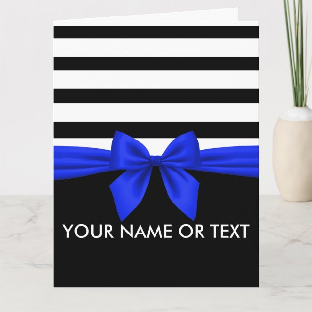 Carte Personnalisé noir, blanc Stripes festif Blue Bow (Devant)