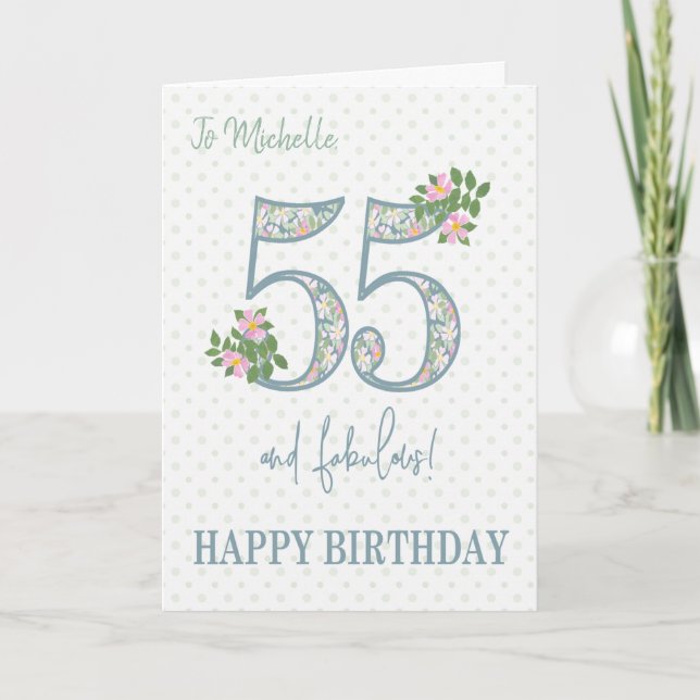 Carte Personnalisé Nom 55e anniversaire Floral et Polkas (Devant)
