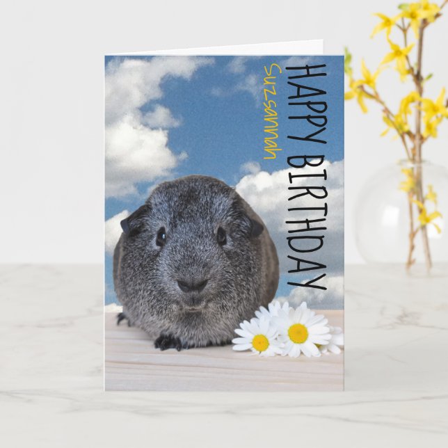 Carte Personnalisé Nom Joyeux Anniversaire Guinée Cochon (Fleur jaune)