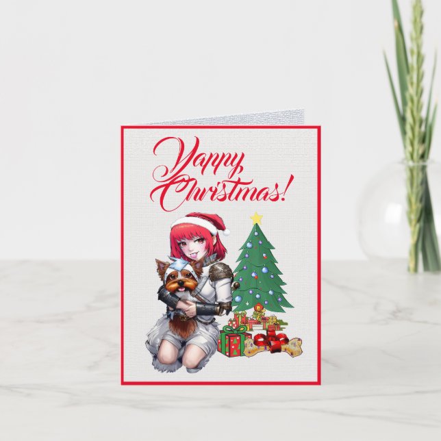 Carte Personnalisé Yorkie Chien Avec Petite Fille Noël (Devant)