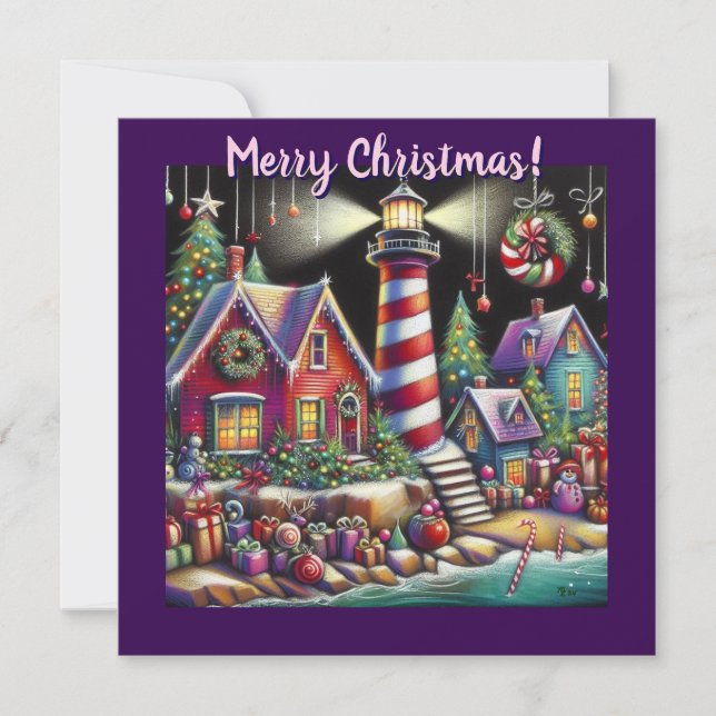 Carte personnalisée du phare de Noël Whimsical (Devant)
