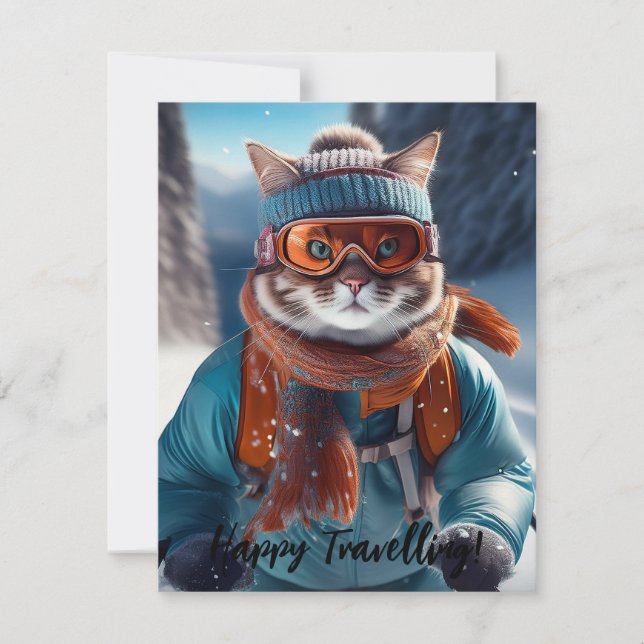 Carte Personnaliser Chat ski sur les pistes enneigées (Devant)