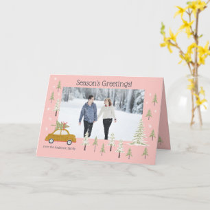 Carte Personnaliser Photo Retro Woodland Pink Christmas 