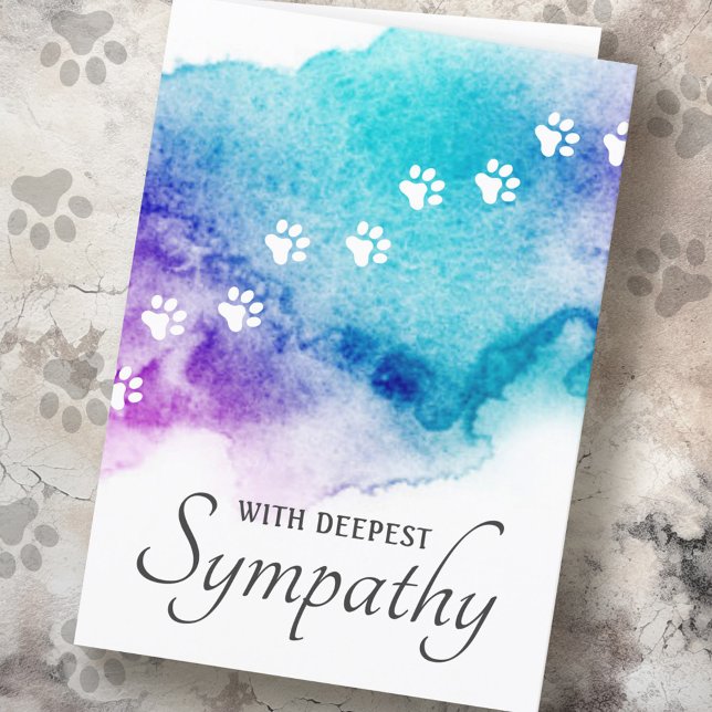 Carte Perte d'animal empreintes de pattes aquarelle symp (Pet loss paw prints watercolor sympathy card)