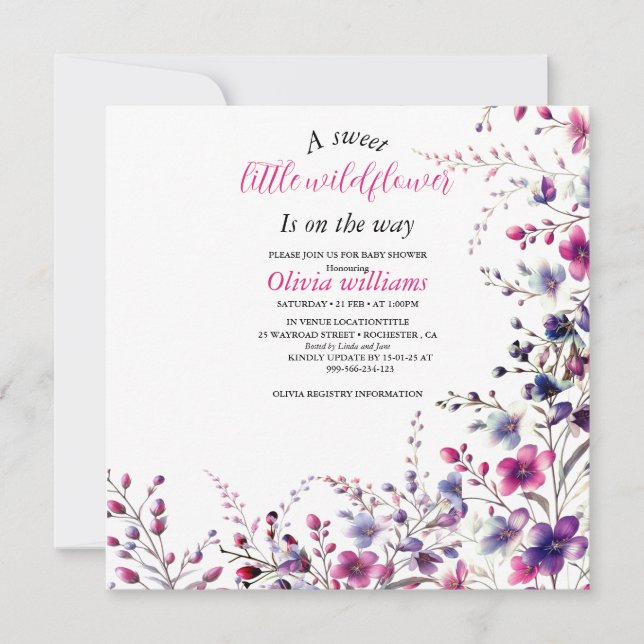 Carte Petit baby shower rose fleur sauvage moderne (Devant)