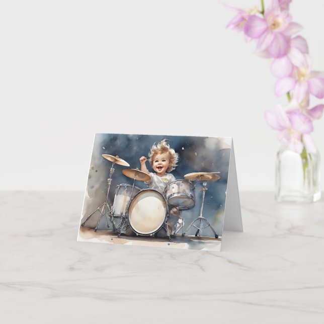 Carte Petit Boy Drummer Aquarelle Illustration Blanc (Orchidée)