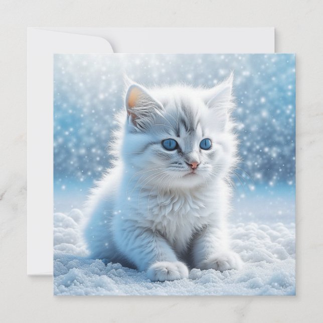 Carte Petit chaton blanc dans Noël de neige (Devant)
