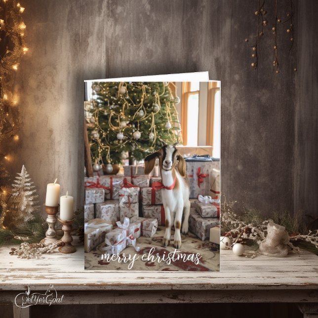 Carte Petit chèvre de garde prêt pour Noël (Just looking for his present ,  who could resist this adorable boer goat kid?   #zazzlemade)