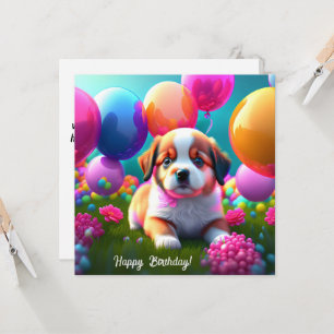 Carte Petit chiot avec ballons - anniversaire
