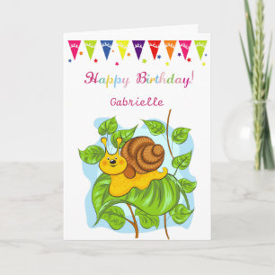 Carte Petit escargot, ballons et gâteau Anniversaire