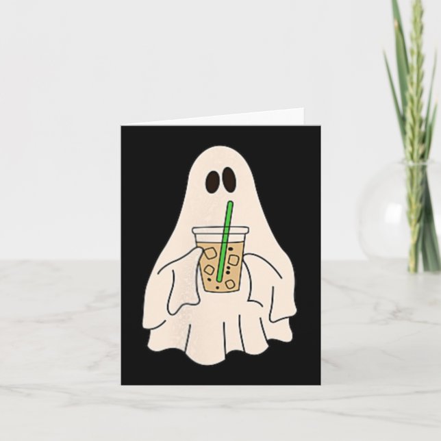 Carte Petit Fantôme Boire Café glacé Halloween Éffrayant (Devant)