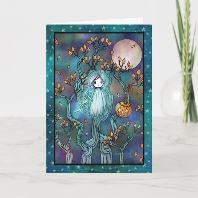 Carte Petit fantôme dans les arbres Art mignon d'Hallowe (Devant)