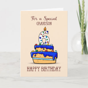 Carte Petit-fils 6e anniversaire, 6 sur le gâteau bleu d