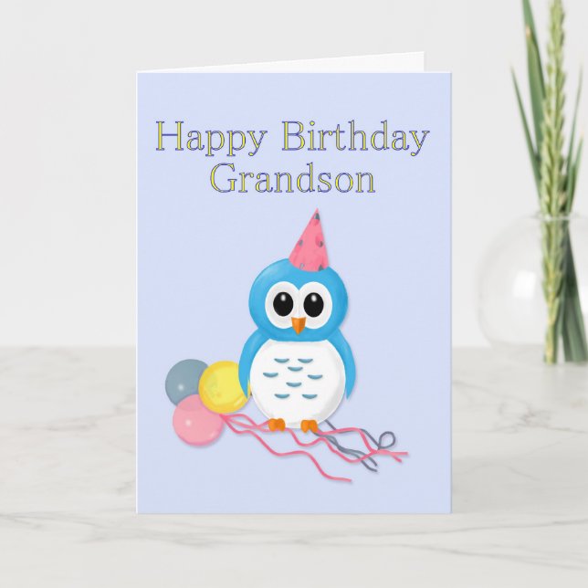 Carte Petit-fils Chouette à dessin et ballons (Devant)