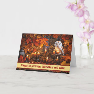 Carte Petit-fils et femme Halloween heureux avec Owl