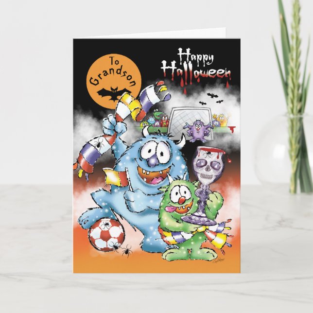 Carte Petit-fils, Monstres d'Halloween, avec ballon de f (Devant)