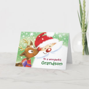 Carte Petit-fils, Noël, renne mignon et Père Noël