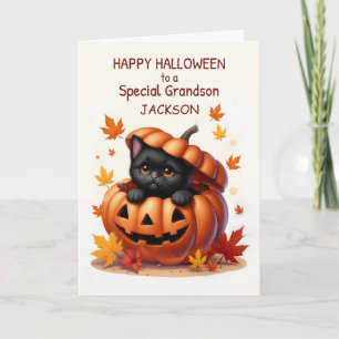 Carte Petit-fils Nom personnalisé Halloween Mignon Chat