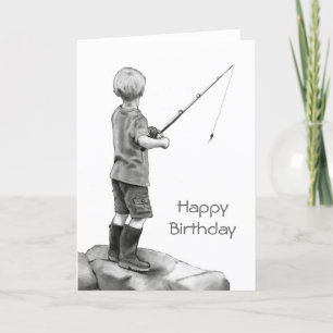 Carte Petit Garçon Pêche : Dessin au crayon original