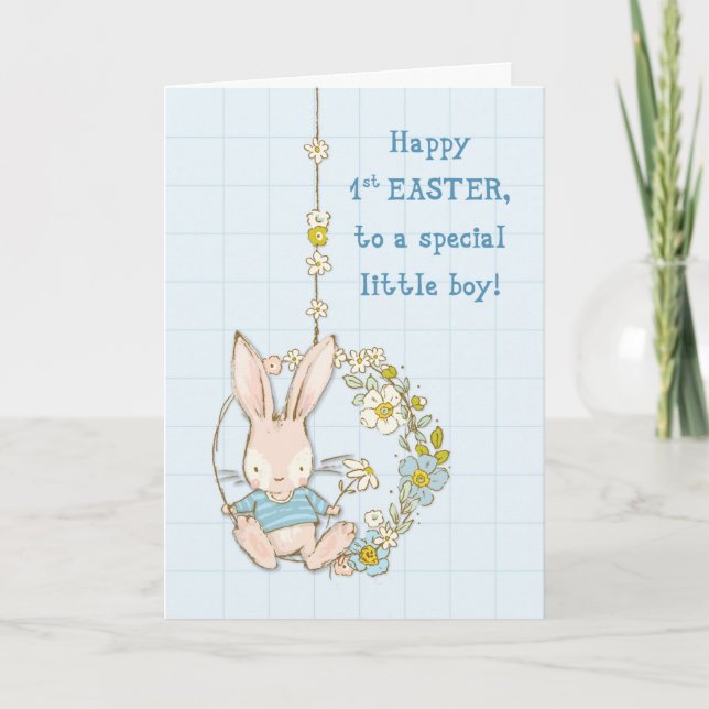Carte Petit Garçon premier lapin de Pâques en souffle (Devant)