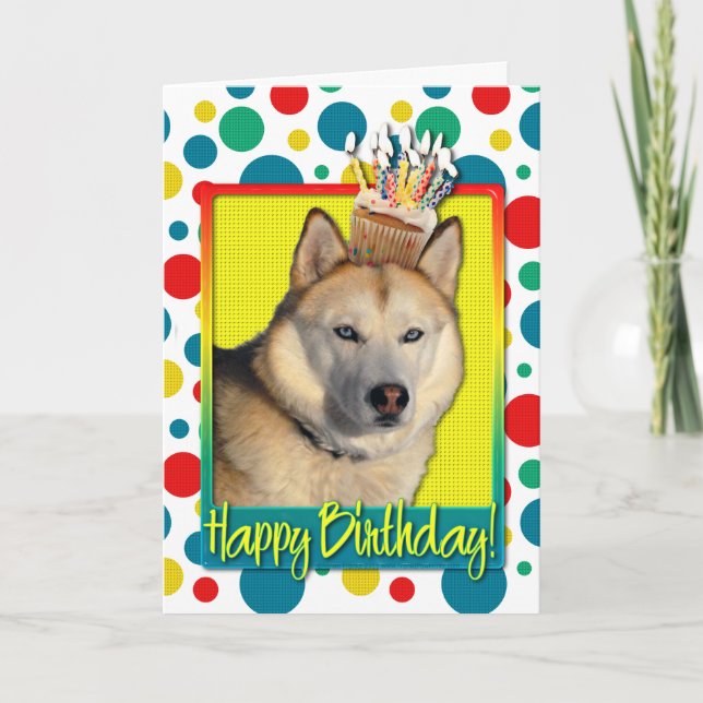 Carte Petit gâteau d'anniversaire - chien de traîneau (Devant)