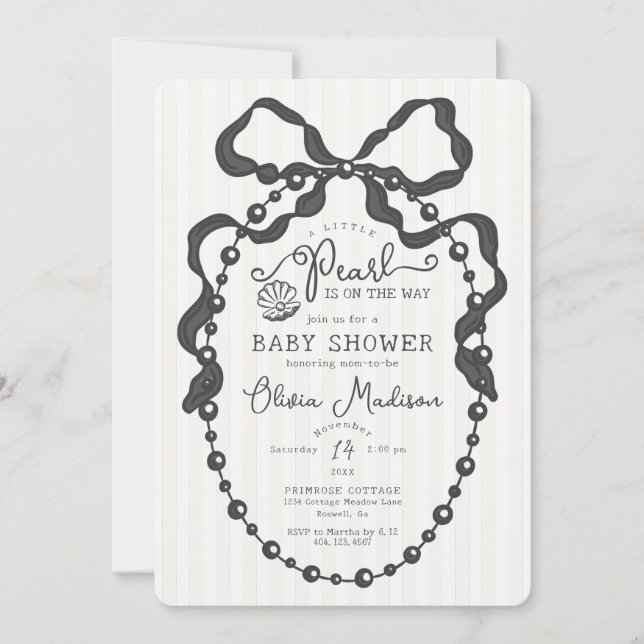 Carte Petit Pearl Black Coquette Bow Baby shower Invitat (Devant)