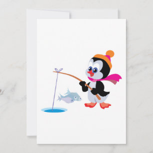 Carte petit pingouin de pêche à la glace