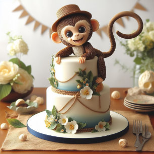 CARTE PETIT SINGE ADORABLE AVEC GÂTEAU ANNIVERSAIRE DE E