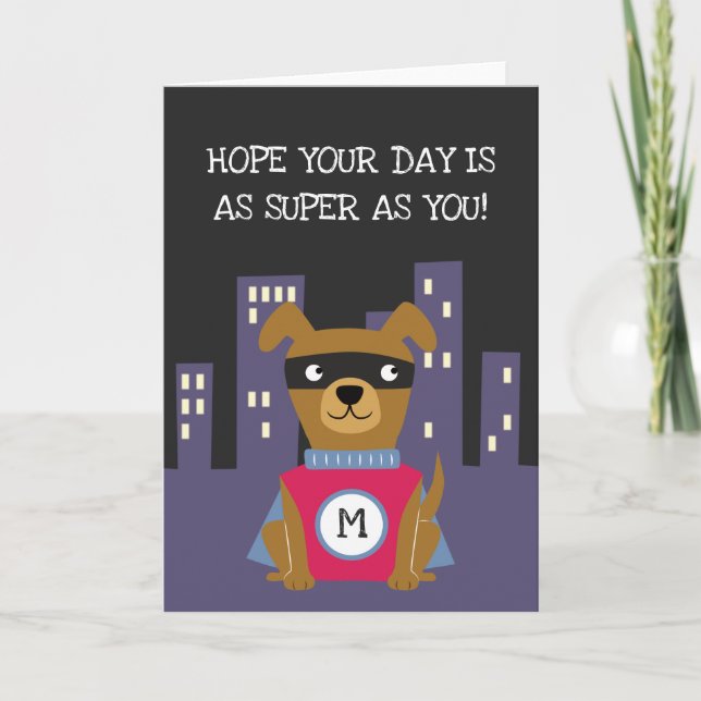 Carte Petit Superhero Chien avec Monogram Boys Anniversa (Devant)