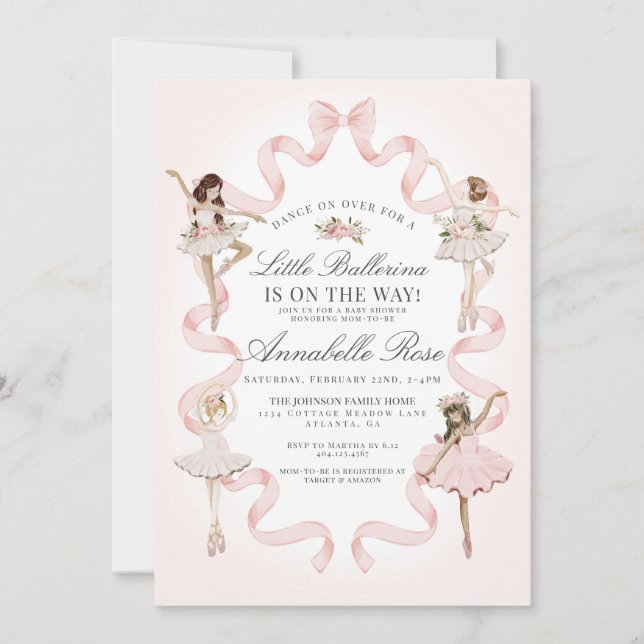 Carte Petite Ballerina Ballet Rose Baby shower fille Inv (Devant)