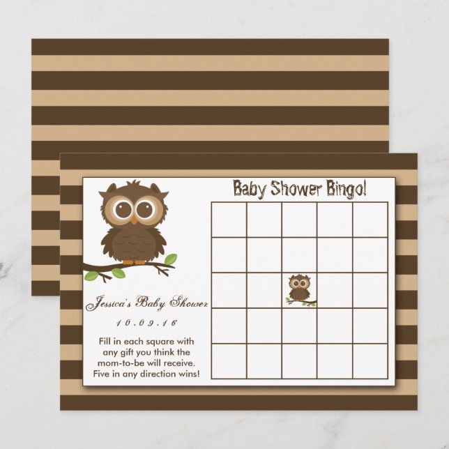 Carte Petite chouette | Baby shower Jeu de Bingo (Devant / Derrière)