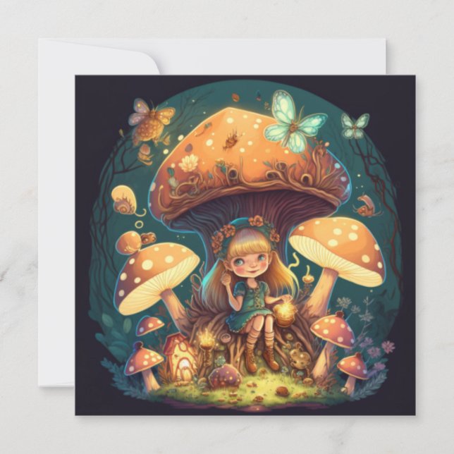 Carte Petite elve de fille parmi les champignons (Devant)