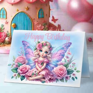 Carte Petite Fée Enfant en Robe Rose et Roses Anniversai