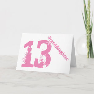 Carte Petite-fille, 13ème anniversaire, blanche et rose.
