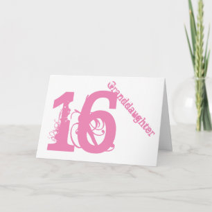 Carte Petite-fille, 16ème anniversaire, blanc et rose