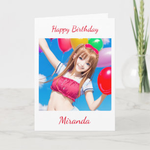 Carte Petite fille Anime avec ballons Anniversaire