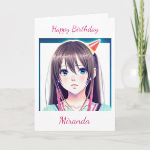 Carte Petite fille Anime avec Casquette d'anniversaire