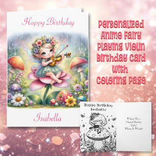 Carte Petite fille Anime avec violon sur champignon Anni