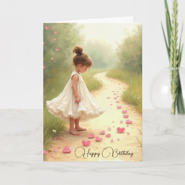 Carte Petite Fille Aux Coeurs Roses Anniversaire (Devant)